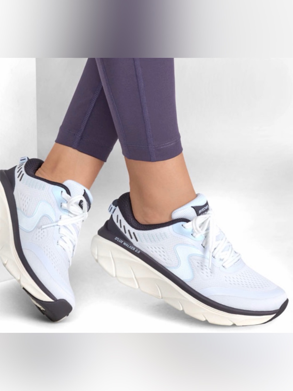 Skechers D'lux Walker 2.0 Women's White with Light Blue and Black Accents
